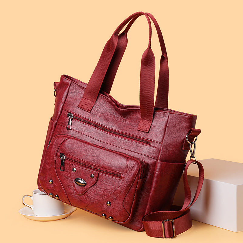 .Large Capacity Soft Leather Washed Leisure Commute Shoulder Bag - PryTheory