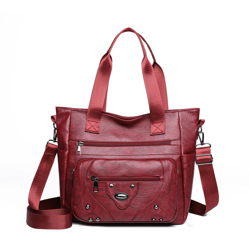 .Large Capacity Soft Leather Washed Leisure Commute Shoulder Bag - PryTheory