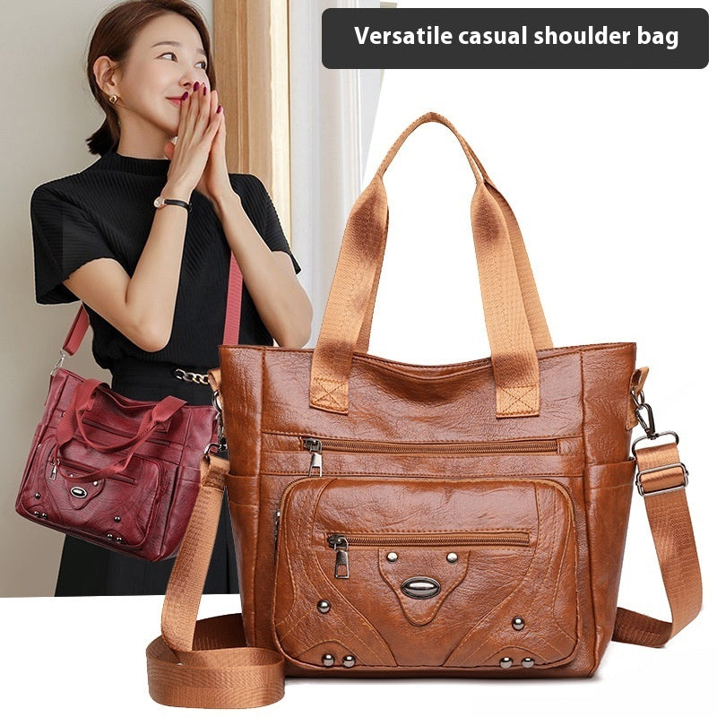 .Large Capacity Soft Leather Washed Leisure Commute Shoulder Bag - PryTheory