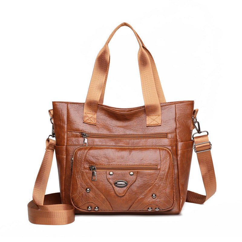 .Large Capacity Soft Leather Washed Leisure Commute Shoulder Bag - PryTheory