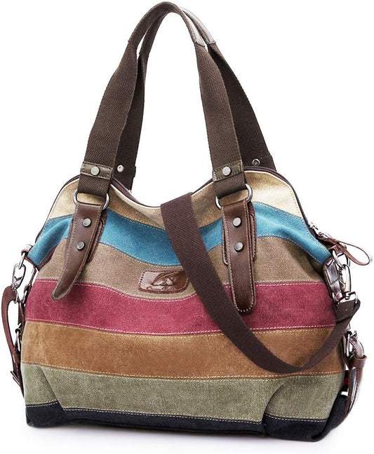 Canvas Handbag Multi-Color Striped Lattice Cross Body Shoulder Purse Bag Tote-Handbag for Women - PryTheory