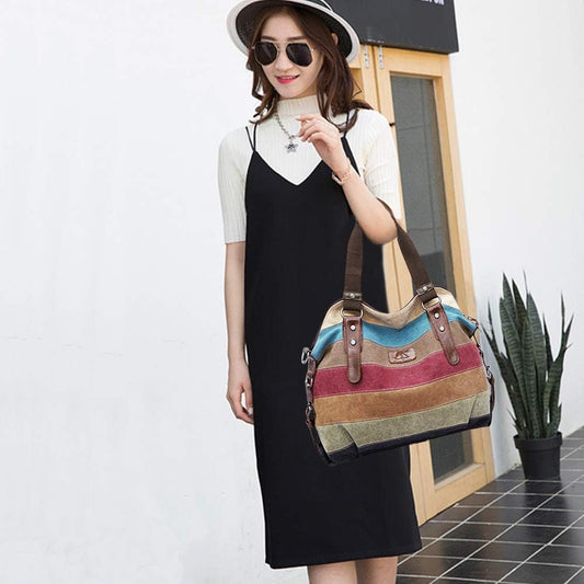 Canvas Handbag Multi-Color Striped Lattice Cross Body Shoulder Purse Bag Tote-Handbag for Women - PryTheory