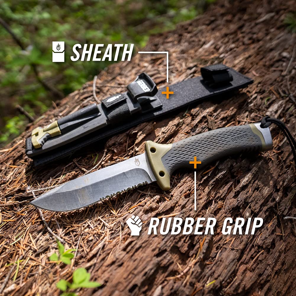 Gerber Gear Ultimate Survival Knife, Fixed Blade with Combo Edge, includes Fire Starter Edge and Ferro Rod