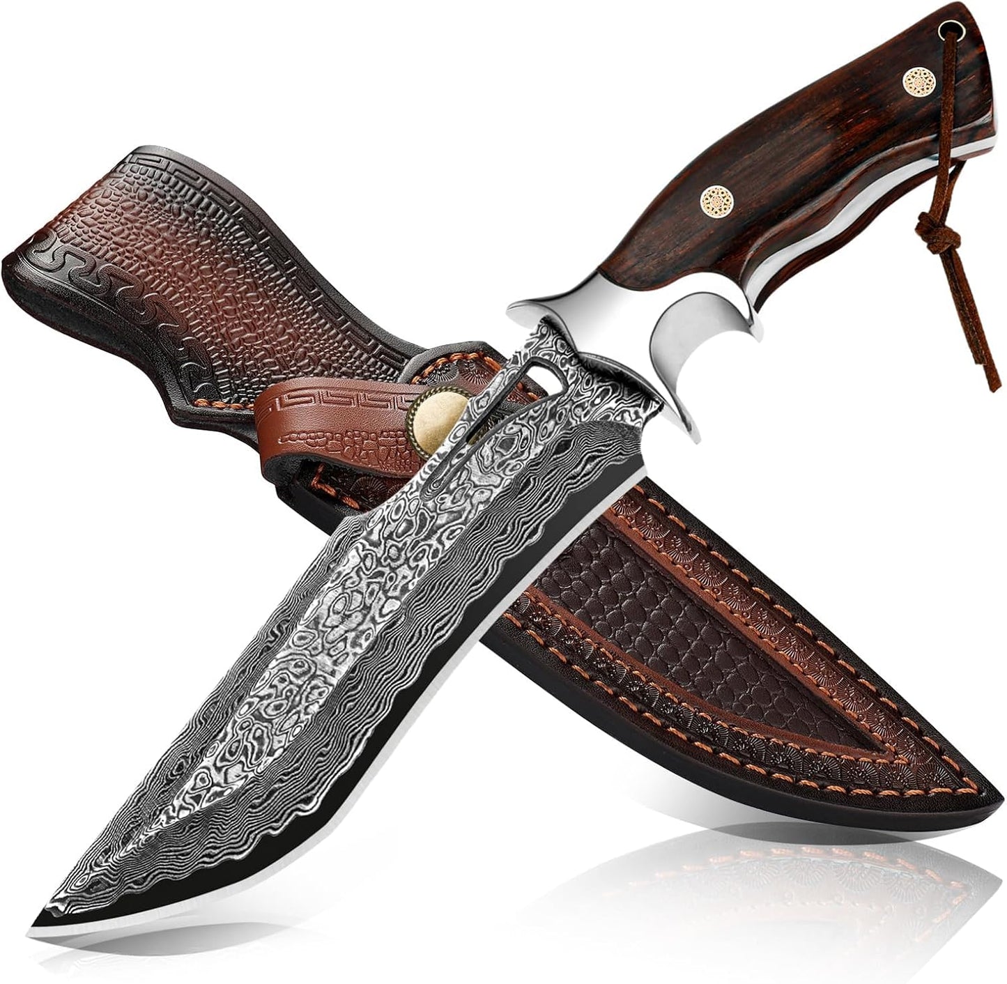 Damascus Hunting Knife with Leather Sheath,10.4"Fixed Blade