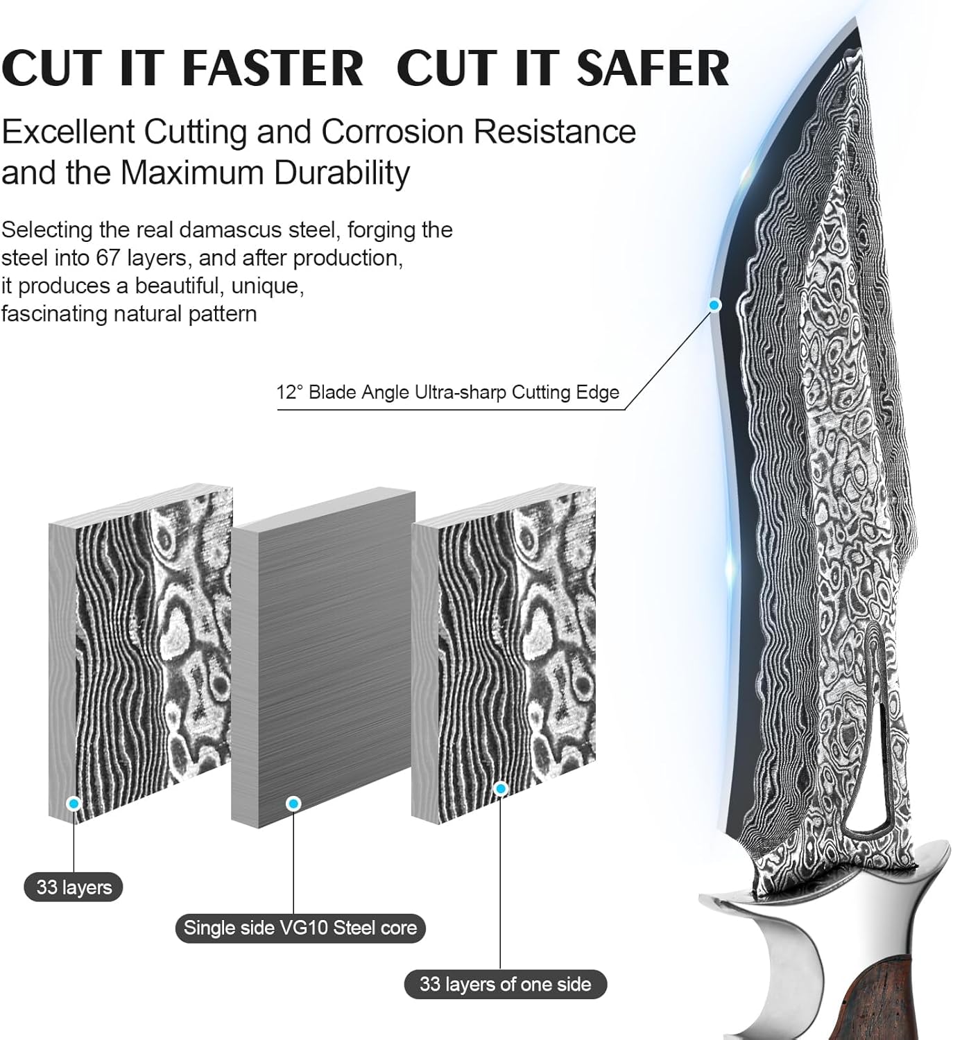 Damascus Hunting Knife with Leather Sheath,10.4"Fixed Blade
