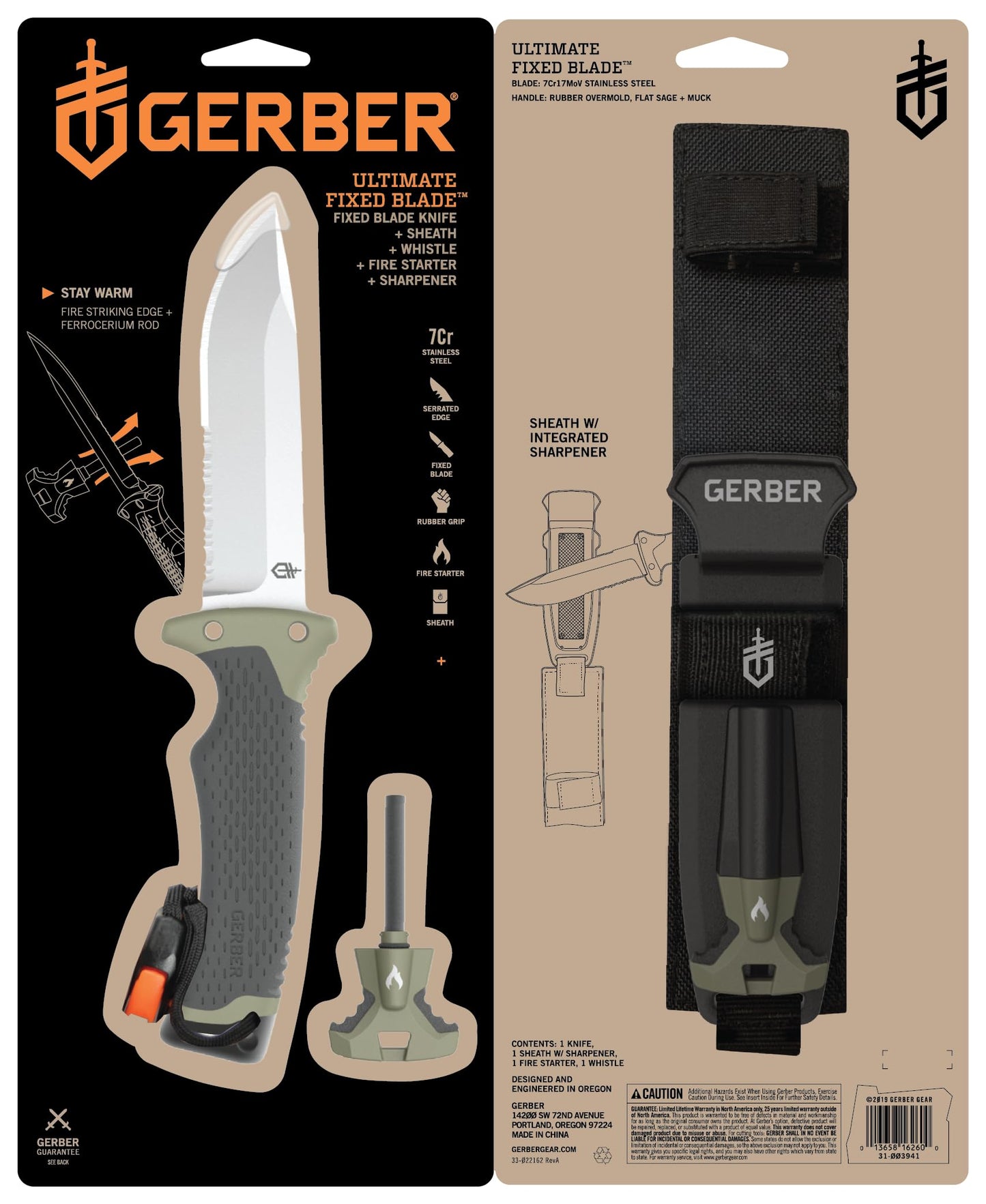 Gerber Gear Ultimate Survival Knife, Fixed Blade with Combo Edge, includes Fire Starter Edge and Ferro Rod