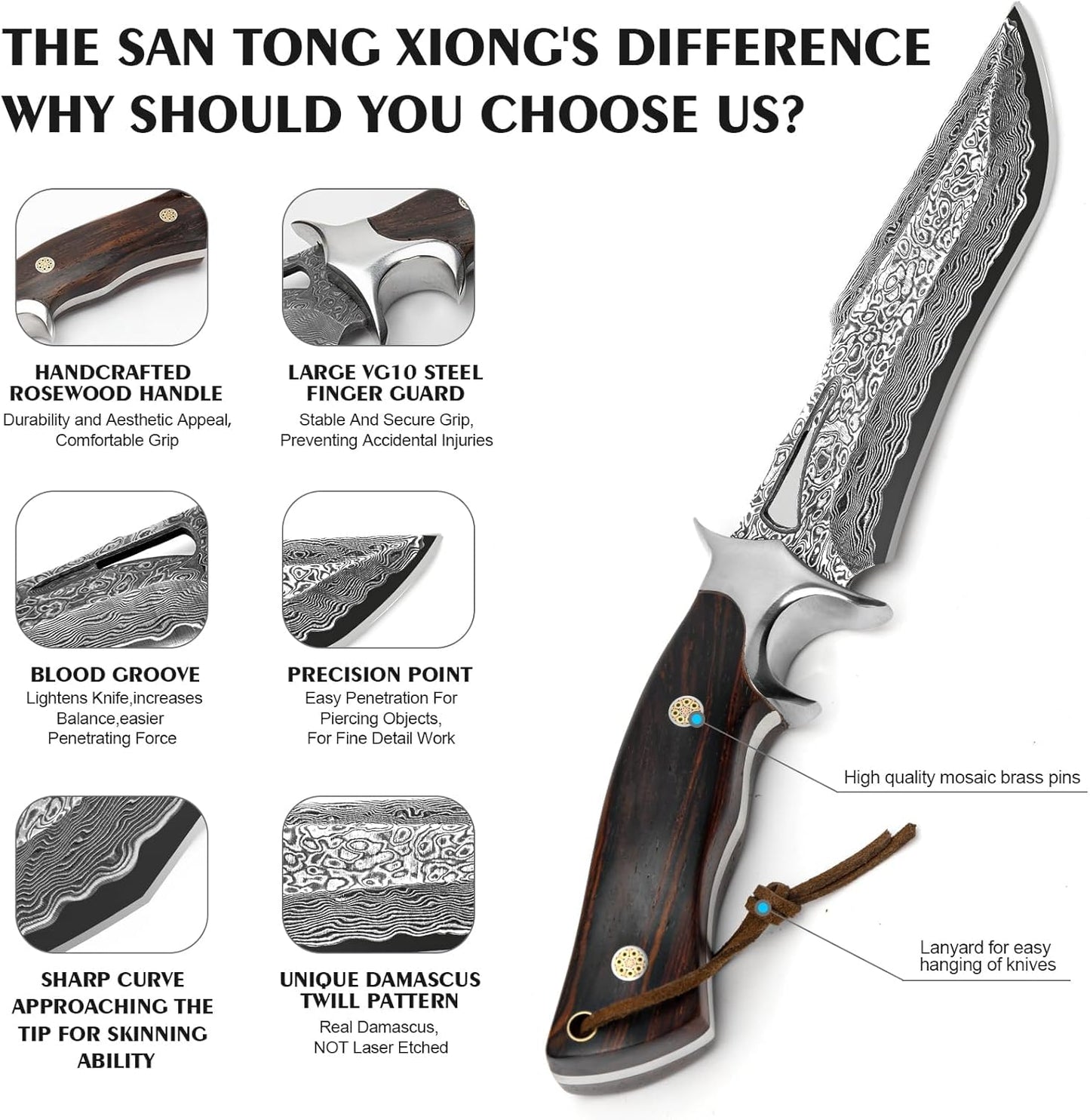 Damascus Hunting Knife with Leather Sheath,10.4"Fixed Blade