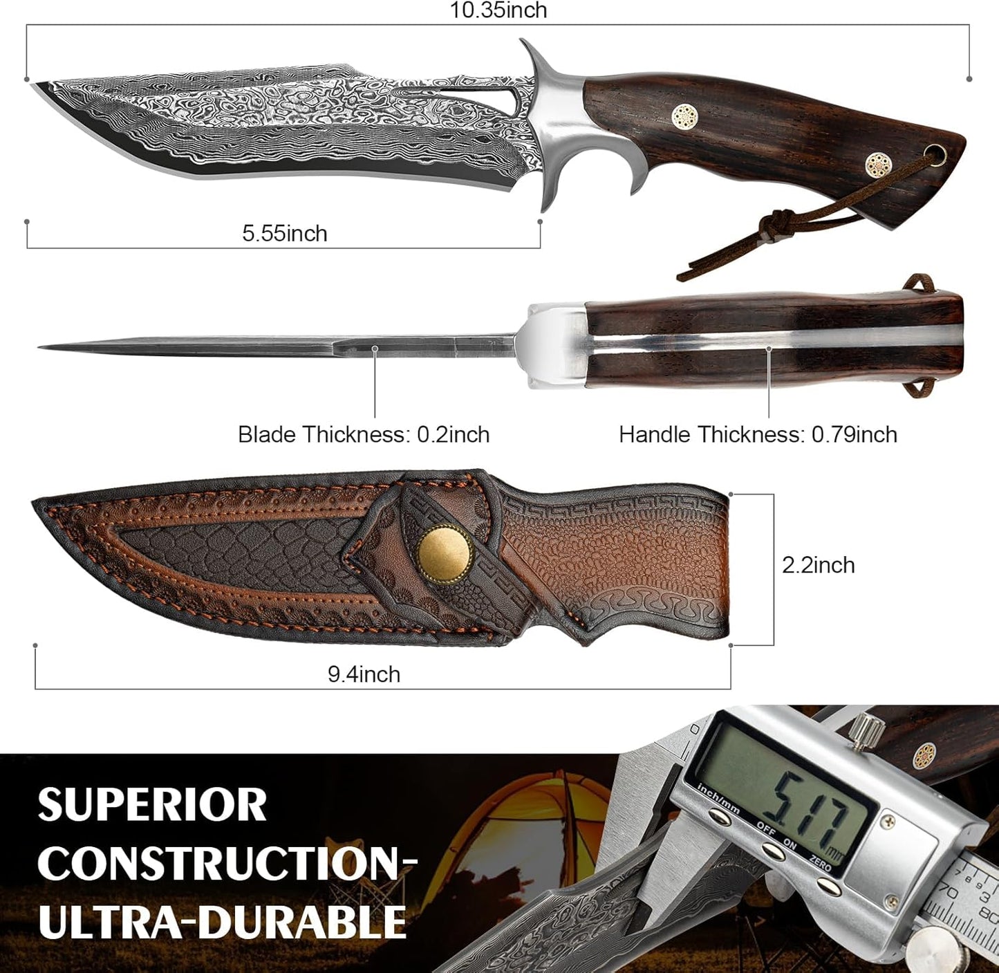 Damascus Hunting Knife with Leather Sheath,10.4"Fixed Blade
