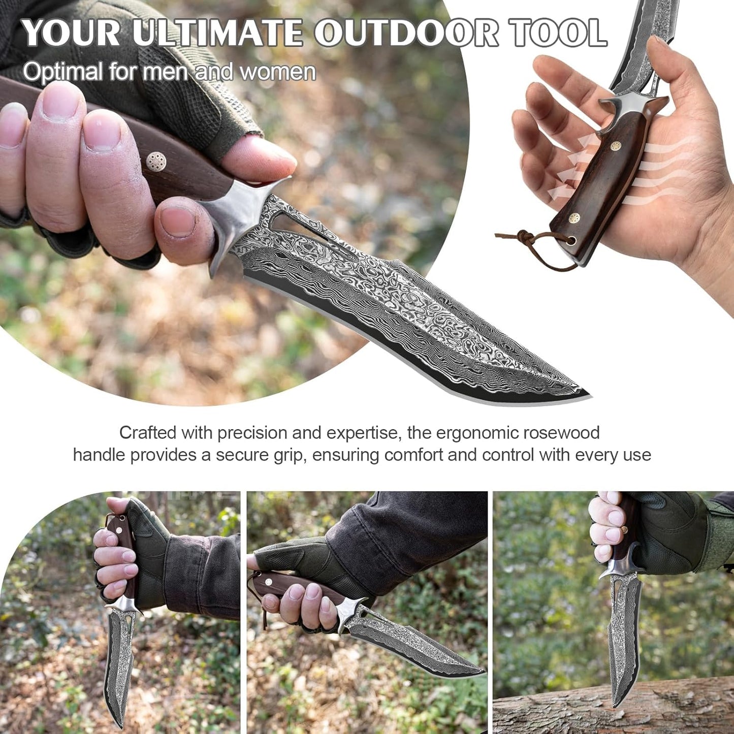 Damascus Hunting Knife with Leather Sheath,10.4"Fixed Blade