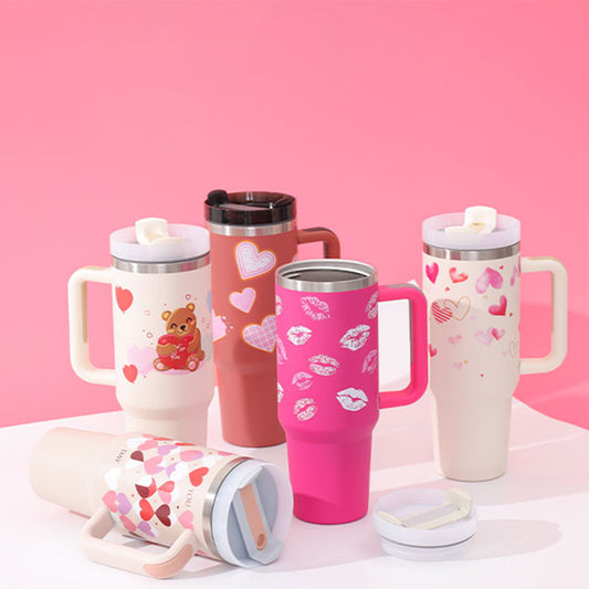 40 Oz Tumbler With Handle Straw Insulated, Stainless Steel Spill Proof Vacuum Coffee Cup Tumbler With Lid Tapered Mug Gifts For Valentine Lover Suitable For Car Gym Office Travel - PryTheory