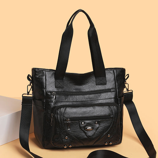 .Large Capacity Soft Leather Washed Leisure Commute Shoulder Bag - PryTheory